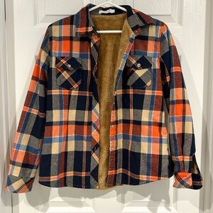 Boys Plaid Flannel Fleece Jacket Sz XXL Button Up Warm Collar Blue Tan Orange